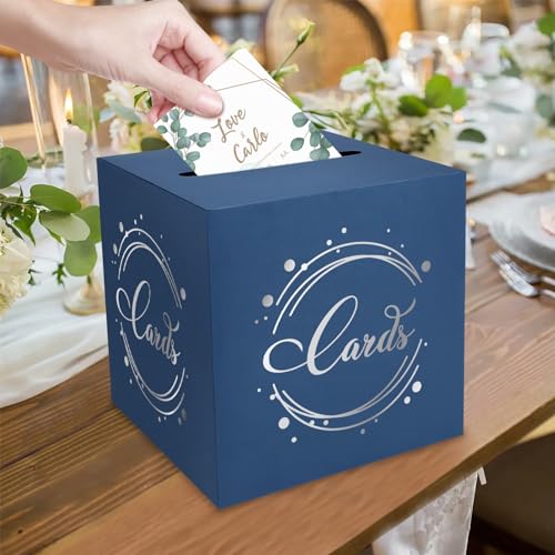 Image of 1 Pack Navy Blue and Silver Foil Card Box for Party, 8.7 inch Navy Blue Gift Card Box Money Box for Birthday, Wedding, Baby Shower, Retirement, Anniversary, Bridal Shower, Raffle Ticket