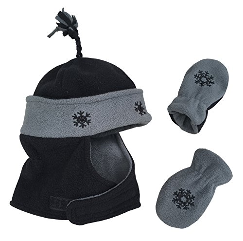 N'Ice Caps Boys Wrap Around Hat and Mitten Set with Embroidery (6-15 Months, Black/Charcoal Grey Infant wrap)