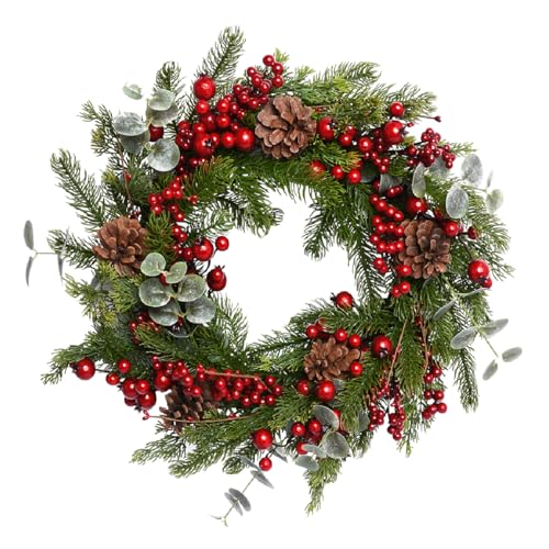 The Christmas Workshop 45cm Christmas Wreaths/Snowberries, Red Baubles, Holly & Eucalyptus/Decorative Round Artificial Wreaths for Indoor & Outdoor Use (Eucalyptus Wreath)