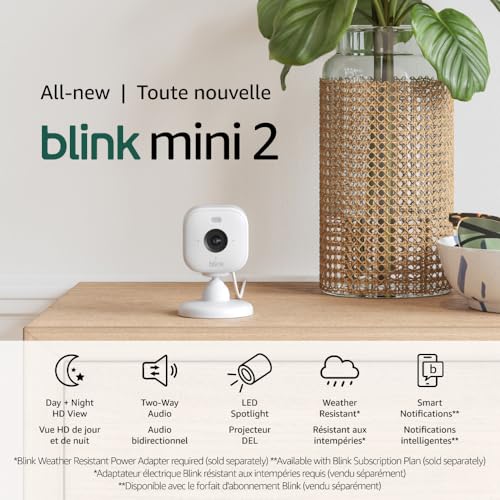 Blink Mini 2 — Plug-in smart security camera, HD night view in color, built-in spotlight, two-way audio, motion detection, Works with Alexa — 2 cameras (White)