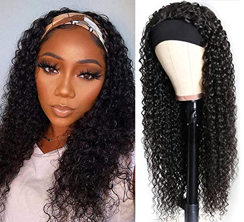 Image of WENYAN Deep Wave Headband Wig Human Hair 16 Inch Curly Glueless Wigs #1B