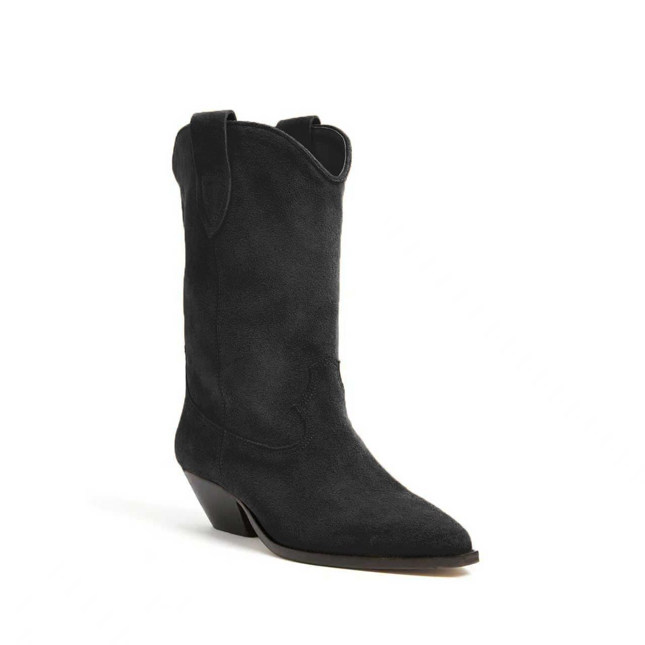 Suede Cowboy Boots for Women Pointed Toe Mid-Calf Western Boots Chunky Block Low Heel Cowgirl Booties Dressy Pull on Wide Calf Fashion Casual