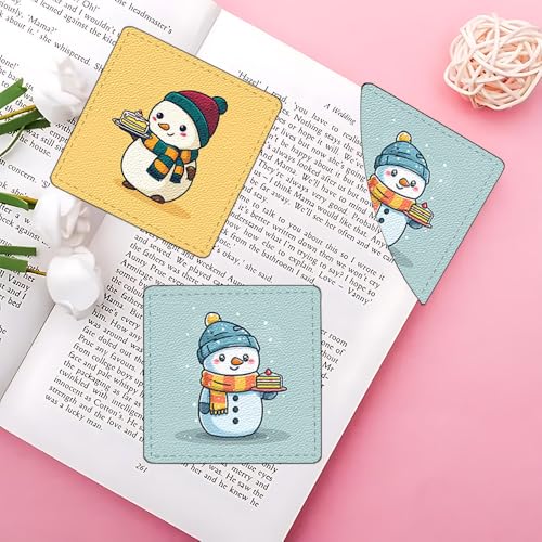 Image of 2Pcs Cute Snowman Cake Corner Bookmarks, Handmade PU Leather Page Corner Protectors, Kawaii Winter Stationery Gift for Kids, Students, Teachers, Fun Reading Accessories 3.54 x 3.54 Inch