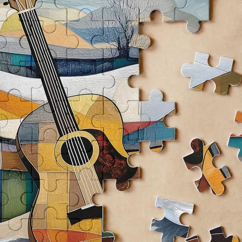 Rompecabezas de guitarra geométrica colorida para adultos, 1000 piezas. Rompecabezas de puzle musical con tema de guitarra. Rompecabezas artísticos desafiantes, coloridos y frescos de instrumentos musicales. miniatura 3