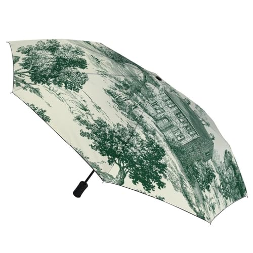 Parapluie pliant toile de Jouy verte cottagecore 3 plis accessoire pluie femme et homme - 3