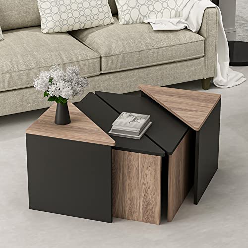 [en.casa] Set de 4 Tables Basses Carrées Triangulaires Gigognes Tables d'Appoint de Tailles Différentes pour Salon Chambre Panneau de Particules Effet Chêne Anthracite