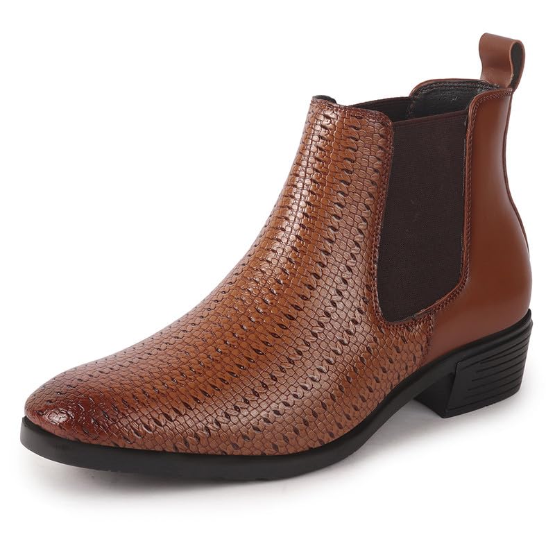 Men Textured/Embossed High Ankle Slip On Chisel Toe Chelsea Boot with Block Heel | Biking Winter Boot with Memory Cushioned Insole-image-14