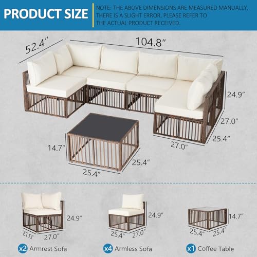 Image of FHFO 7 Pieces Outdoor Patio Furniture Set, Wicker Outdoor Sectional Conversation Couch Set with Adjustable Backrest Sofa, Thick Cushion & Coffee Table for Garden, Porch, Poolside, Brown /Beige
