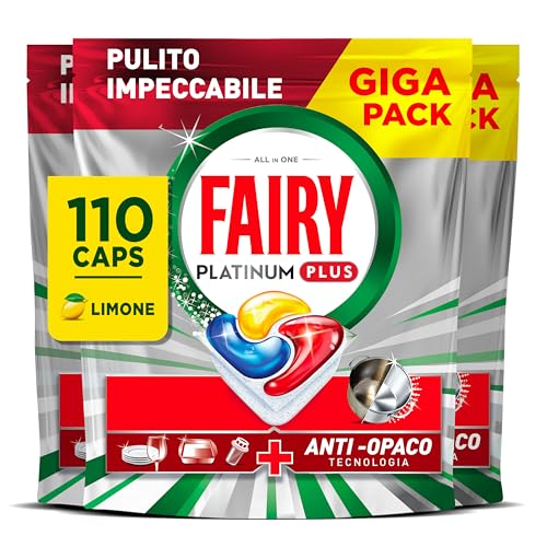 Pastiglie Per Lavastoviglie Fairy Platinum Plus Tutto In Uno Limone, 110 Capsule (5 x 22), La Migliore Pulizia Fairy Come Nuovo, Rimuove L’opacità E Previene Il Calcare