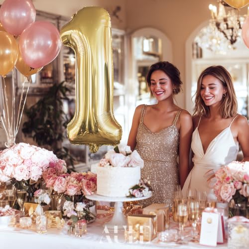 Image of AULE 40 Inch Large 1 Balloon Numbers Light Gold, Big Foil Number Balloons, Giant Helium Happy Birthday Party Decorations for Man and Women, Huge Mylar Anniversary Party Supplies