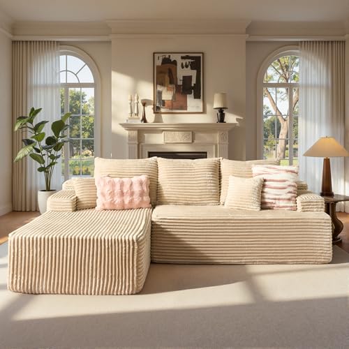 Image of ovios 96 inch Cloud Sectional Couch with L-Shape Chaise,Modern Modular Sofa with Deep Seat, Upholstered Couches for Living Room Bedroom,No Assembly Required, Beige (Plush Corduroy Fabric)