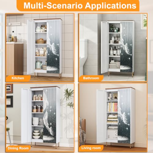 Image of 59 inch Metal Pantry Cabinet,White Kitchen Pantry Cabinets with Doors | Tall Freestanding Storage Cabinet with Adjustable Shelves,Modern Cabinet for Living Room, Kitchen,Dining,Whale Pattern