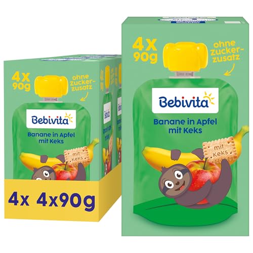 Bebivita Banane in Apfel mit Keks Quetschie – 16 Stück (4er Pack, je 4 x 90g), ohne Zuckerzusatz, aus milden Früchten und wertvollem Getreide, ideal für unterwegs und selbständiges Snacken