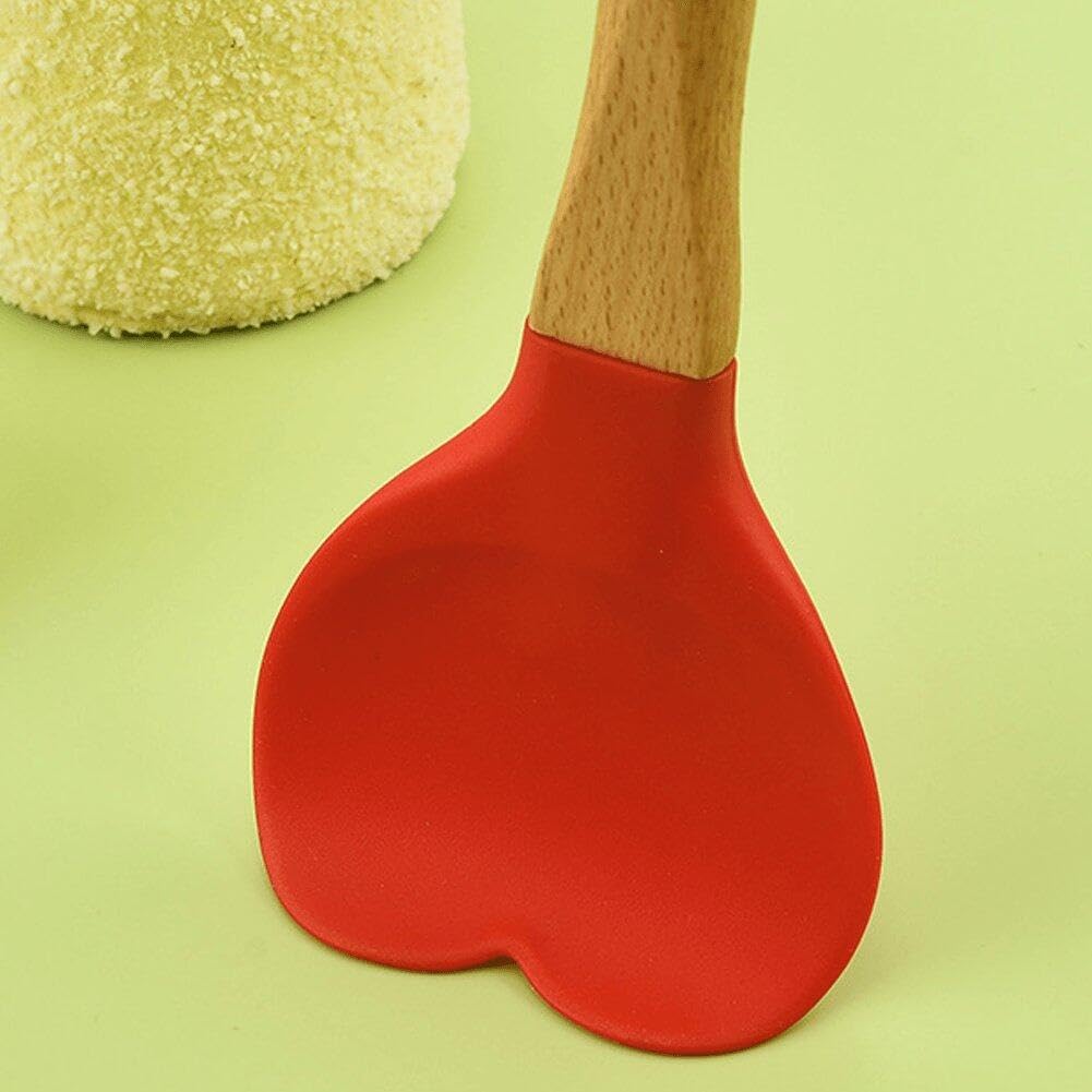 Set 4 Cucchiai In Silicone Con Manico In Legno A Forma Di Cuore: Palette Da Cucina Antiaderenti, Ideali Per Mescolare E Servire