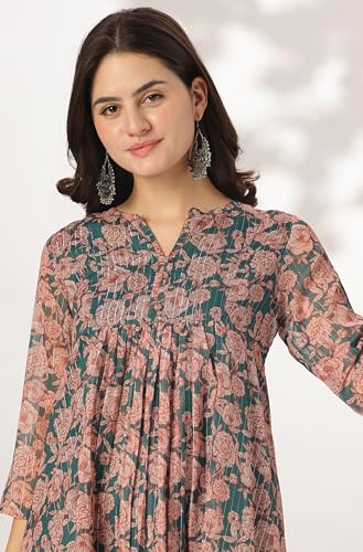 Image of Janasya Women's Chiffon Floral Relaxed Kurta