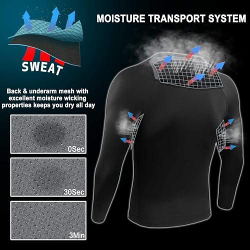 AMZSPORT Herren Kompressionsshirt Langarm Funktionsshirt Sportshirt Atmungsaktiv Laufshirt, Schwarz, XL