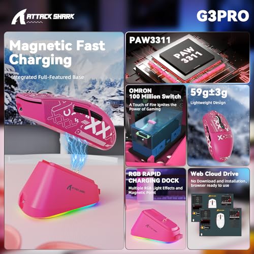 Image of ATTACK SHARK G3 Pro Wireless Gaming Mouse with Magnetic Charging Dock,Rose | PixArt PAW3311 Gaming Sensor,BT /2.4G Wireless /Wired Gaming Mouse,25K DPI,Tape,59g Ultra-Lightweight Gamer Mice for PC /Win /Mac