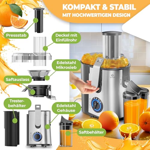 KESSER® Zentrifuge Entsafter für Obst | Gemüse aus Edelstahl 1100W, große Fütterungsröhre, 3 Stufen, Elektrische Zentrifugal Saftpresse Juicer + Bürste, Saftbehälter, Rezeptbuch, Grau/Silber – Bild 3