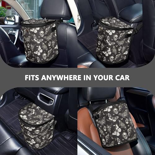 Image of MNSRUU Car Trash Can with Lid, Gothic Skull Butterfly Car Trash Bag Hanging Organizers and Storage for Front Back Seat, Leak-Proof Trash Bin