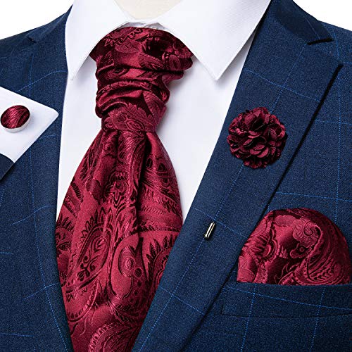 Image of DiBanGu Mens Silk Ascot Ties Paisley Jacquard Woven Cravat and Pocket Square Cufflinks with Lapel Pin for Business Wedding