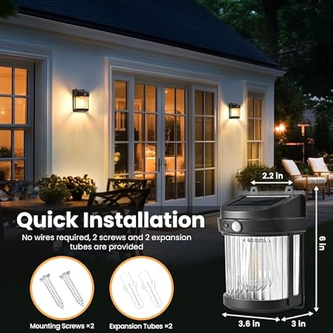 Porch Lights, 2 Pack Wall Solar Lights Outdoor, Solar Motion with 3 Modes for Shed Patio Front Door Garage Fence (6x3.6x2.2 inch)