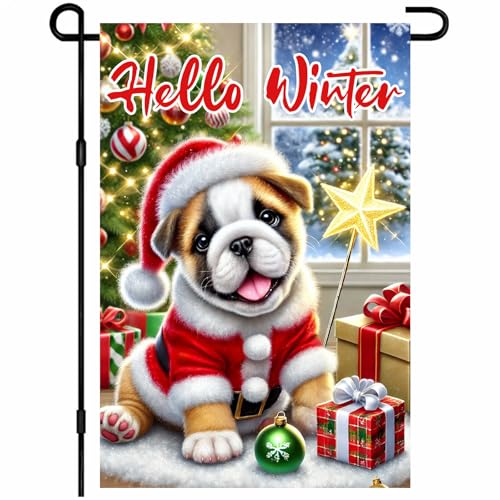 Image of BlissYard Garden Flag Bulldog Puppy Winter 12x18 Inch Polyester