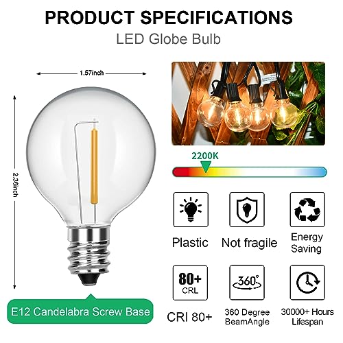 SUNSGNE 25 Pack G40 LED Light Bulbs, E12 Candelabra Base Bulb, 0.6W LED Bulbs Equivalent 7W Edison Bulbs - Image 2