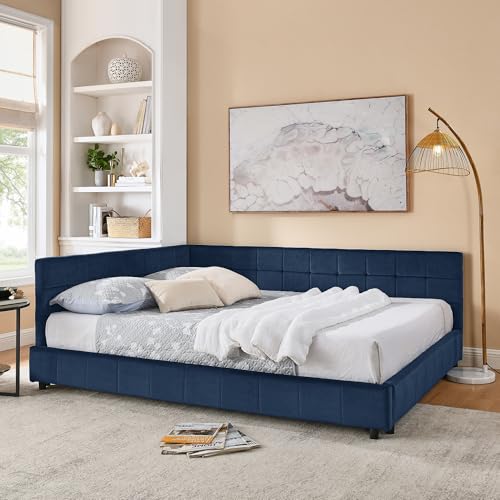 Ball & Cast Queen Size Daybed, Velevet Upholstered Day Bed Frame with Tufted Backrest and Armrests,Solid Wood Slat Support,No Box Spring Needed,Dark Blue