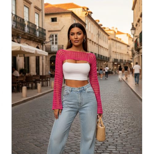 Image of Womens Crochet Shrug Y2K Hollow Out Bolero Shrug See Through Cropped Knit Sweater Top