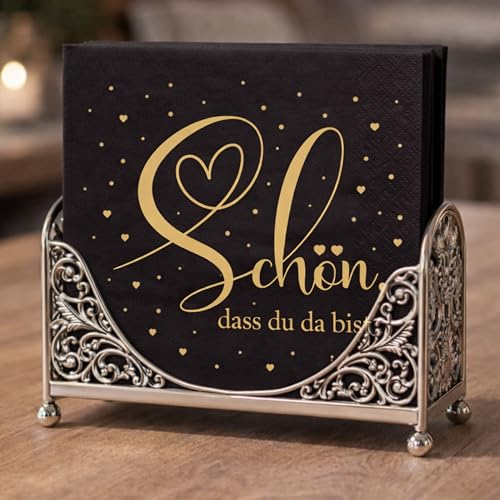 50 Servietten Schön dass du da bist mit Gold, Servietten Sprüche, Schwarz, Hochzeit, Babyparty, Geburtstag, Einweg-Partyservietten, Tischdeko, 2 ply, 33x33cm, Hergestellt in der EU