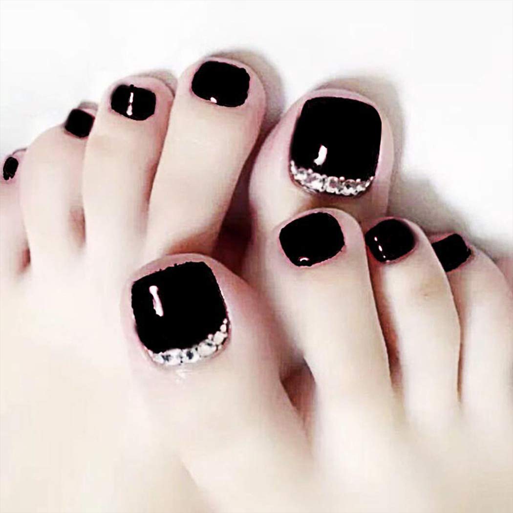 Uranian Black Press on Toenails French Tips Rhinestones Short Fake Toe Nails Square Glossy False Toenails Full Cover Acrylic Toenails for Women and Girls (24pcs)