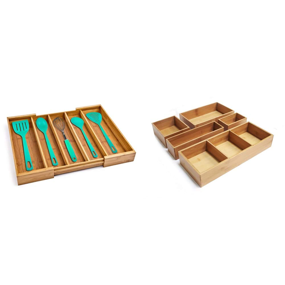 Seville Classics Box Utensil & Kitchen Tool Holder Storage Organizer, Expandable Tray (5 Compartment), Bamboo & Classics Box Utensil & Kitchen Tool Holder Storage Organizer, 5 pc/w Dividers, Bamboo