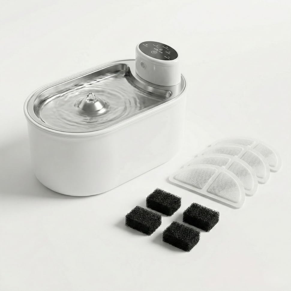 Wireless Stainless Steel Cat Water Fountain 3L + Replacement Filters Kit, Ultra-Quiet Battery Operated Pet Fountain Bundle for Fresh, Clean Water, Cats & Small Dogs