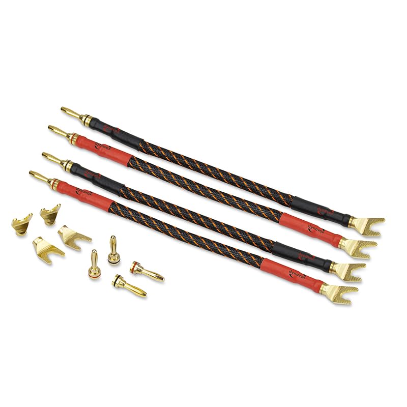 Dynavox Bi-Wire Lot de 4 passerelles de câble, 2 rouges et 2 noirs, en cuivre pur (99,99 OFC), fiches banane interchangeables, cosses à fourche