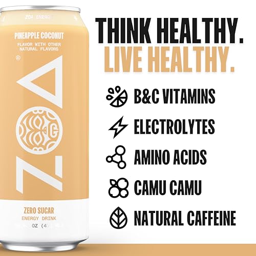 ZOA Zero Sugar Energy Drinks, Pineapple Coconut - Clean Sugar-Free Formula of Natural Caffeine, Electrolytes, Healthy Vitamin C, Amino Acids and B-Vitamins - 16 Fl Oz (12-Pack) 2 ZOA Zero Sugar Energy Drinks, Pineapple Coconut - Clean Sugar-Free Formula of Natural Caffeine, Electrolytes, Healthy Vitamin C, Amino Acids and B-Vitamins - 16 Fl Oz (12-Pack)