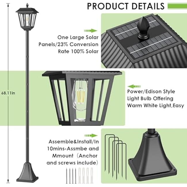 Greluna 68 Inches Solar Lamp Post Light Outdoor, Warm White, IP45 Waterproof Solar Post Lights Outdoor, Pole Lights Decorative Lamp for Yard Garden Patio Lawn Pathway Driveway Front/Back Door2 Pack,
