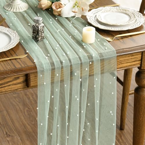 Artoid Mode - Chemin de table en tulle vert avec perles, 70x300 cm, décoration de table pour la cuisine, intérieur, vacances, mariage, anniversaire, décor...