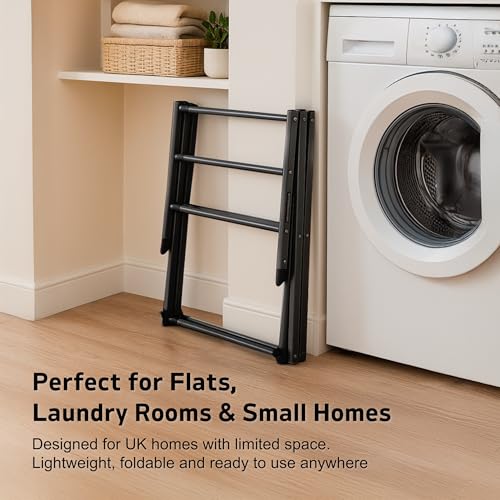 Straame 3-Tier Expandable Clothes Airer Indoor Outdoor – Slimline Drying Rack (Expanded:71×37×103 cm, Folded: 51×43×9 cm), 10 kg Capacity, Rust-Resistant, Non-Slip Feet, Heavy-Duty Design (Black) - Image 6