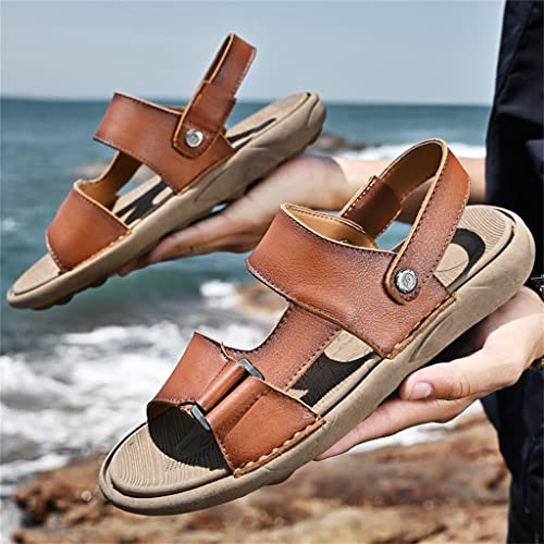 Sandals Men ' s Cowhide Casual Beach Shoes Genuine Leather Thick Sole Anti Slip Male Toe Shoes Black Brown(41)2