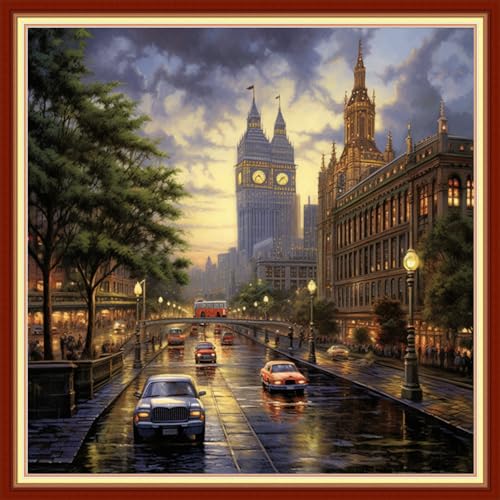 Image of Funxvoot Stamped Cross Stitch Kits Beginners Full Range of Embroidery Kits for Adults 11CT Embroidery Patterns Needlepoint Kits Printed Cross Stitch Kits - (Street Night Scenery 18x18 inchs)