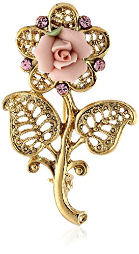 1928-Jewelry-Gold-Tone-Pink-Crystal-and-Porcelain-Rose-Filigree-Brooch