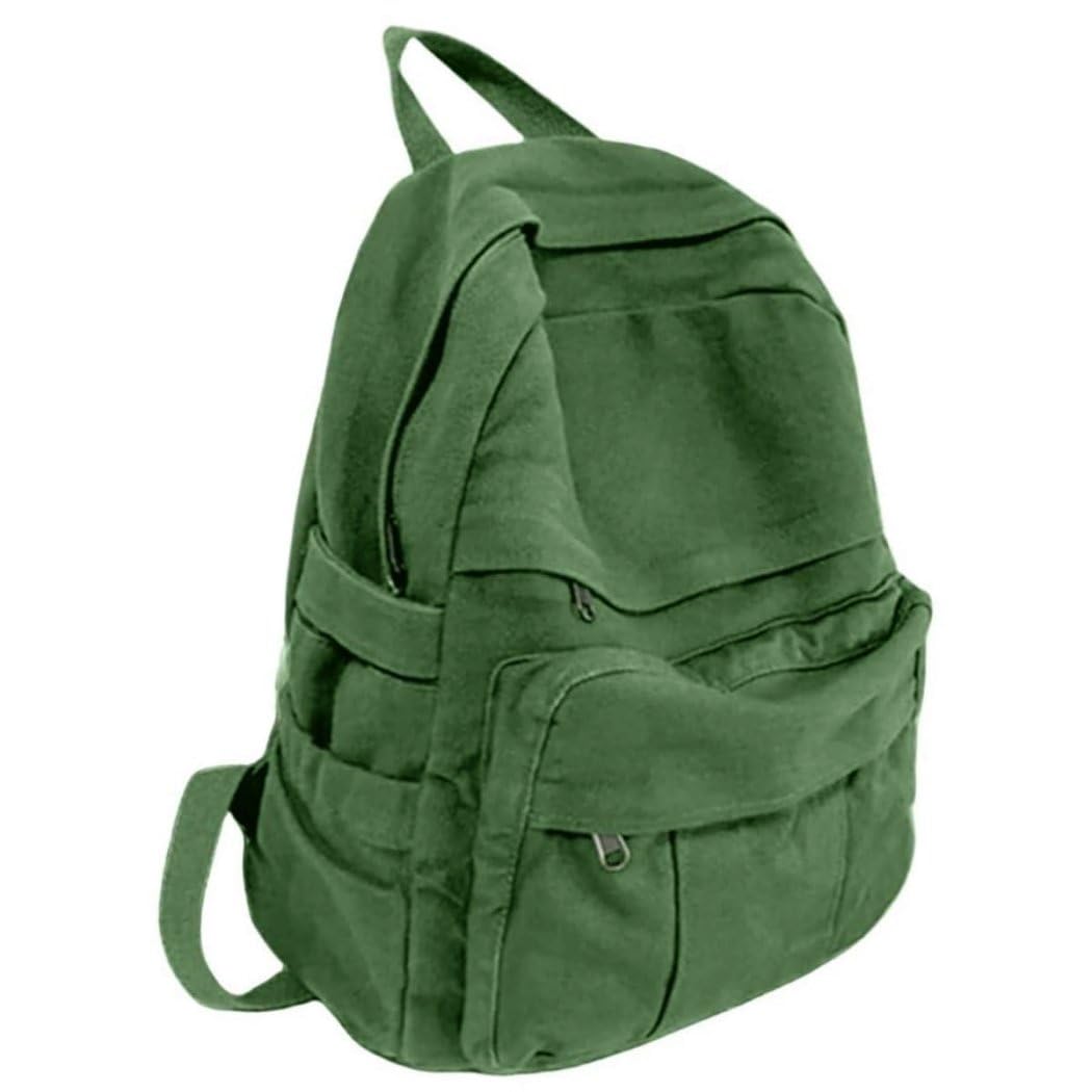 Green Canvas Backpack for Women Retro Aesthetic Rucksack Basic Backpack for High School/College Students Travel Laptop Bag