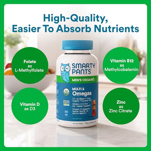 SmartyPants Multivitamin for Men, Organic Gummies: Methylfolate, Omega 3 (ALA), Vitamin D3, C, Vitamin B12, B6, A, K & Zinc for Immune Support, Biotin, Vegetarian, 120 Gummies (30 Day Supply) - image 6