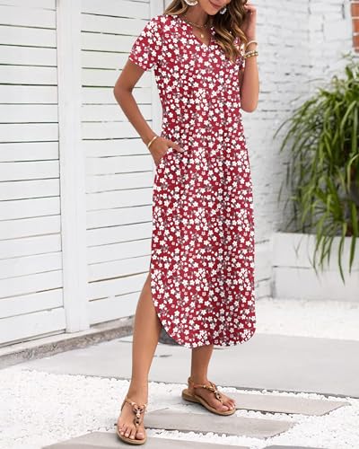 Image of MISFAY Women's Summer Maxi Dress 2026 Casual Short Sleeves V Neck Loose Sundress Split Long Beach T Shirt Dress
