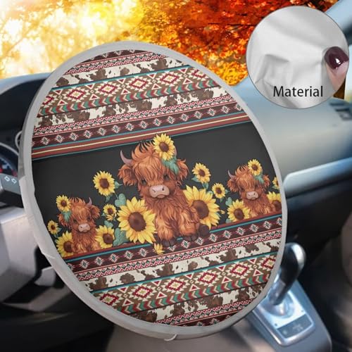 Image of Aztec Highland Cow Car Steering Wheel Cover Sun Shade Reflect UV Sun and Heat Auto Interior Protector Easy Installation Universal Steering Wheel Cover for Car Truck SUV Van 17 inch