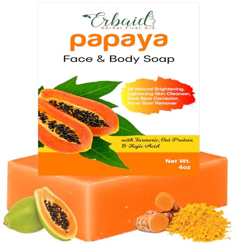 Erbaid Papaya Soap Face & Body Wash Skin Brightening Papaya Soap Bar for Dark Spots Reduce Acne Cleanse Scars & Even Tone with Turmeric Kojic Acid & Essential Oils for All Types