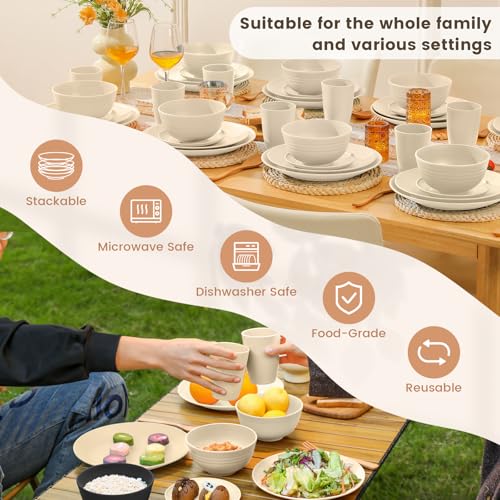 Image of Homienly 40 PCS Dinnerware Set Service for 8, Kitchen Wheat Straw Dinnerware Set Unbreakable - Plates Set, Bowls Set,Cups Set, Microwave and Dishwasher Safe Dish Set for Dinner, Outdoor(Beige)
