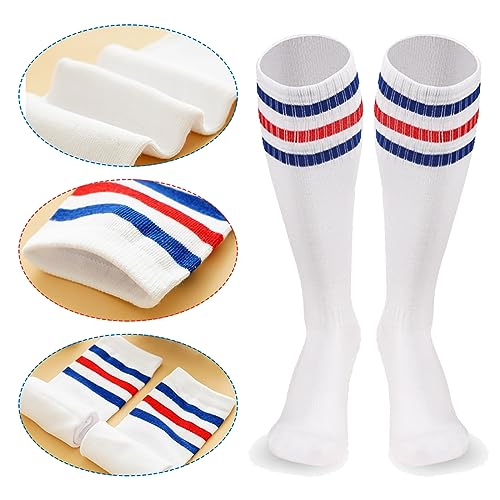 Image of 10 Pieces Striped Sweatbands and Striped Socks Set Headbands Wrist Sweat Bands for Men and Women Sports 80s 90s Fitness