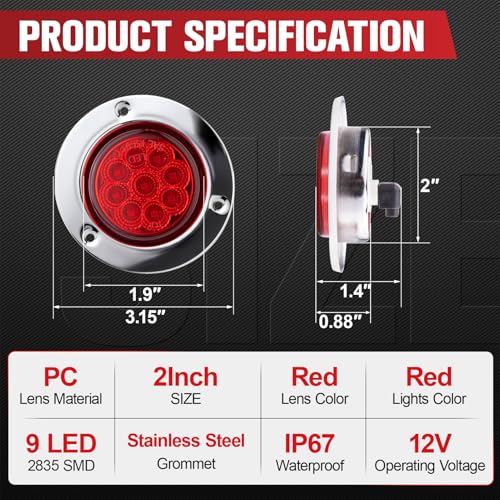Image of 10PC 2 Inch 9 LED Side Marker Lights with Stainless Steel (Red)