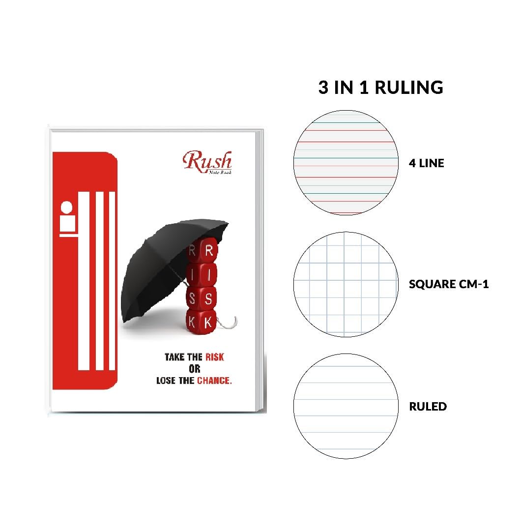 Rush - Quaderni 3 in 1, 120 pagine, confezione da 4, per studenti, a righe singole, quattro righe e quadretti, 24 x 18 cm